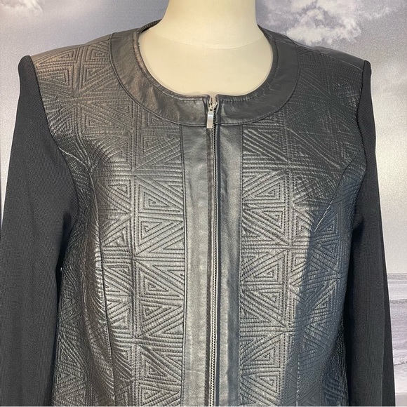 Nygard Collection Sz OX Black Geometric Textured Leather Knit Sleeve Back Jacket - Picture 2 of 11